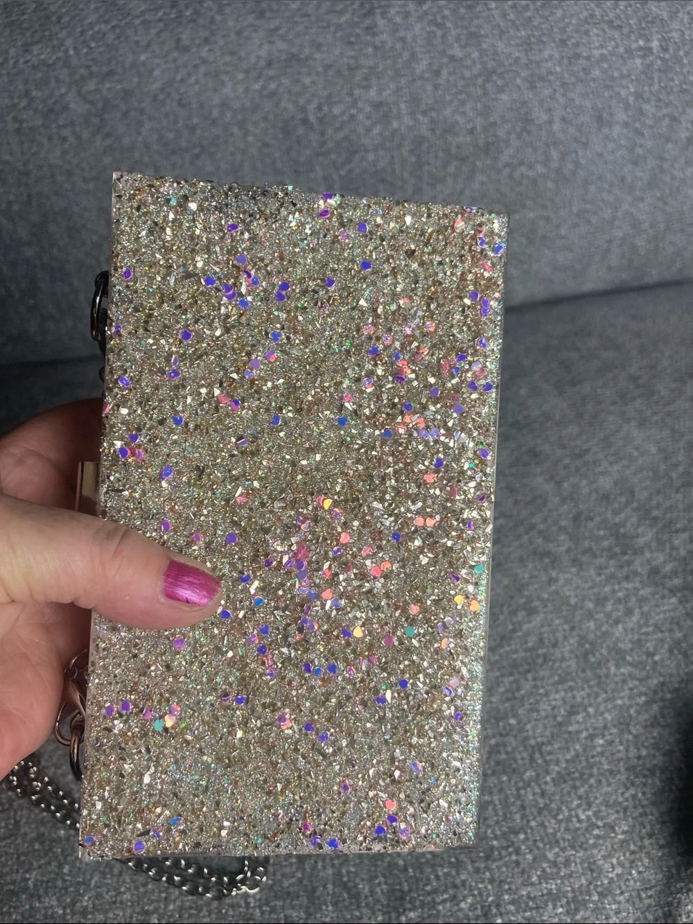 Glitter Evening Clutch Bag with Chain Strap - Champagne